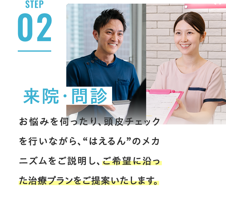 STEP02 来院・問診 お悩みを伺ったり、頭皮チェックを行いながら、HCEのメカニズムをご説明し、ご希望に沿った治療プランをご提案いたします。
